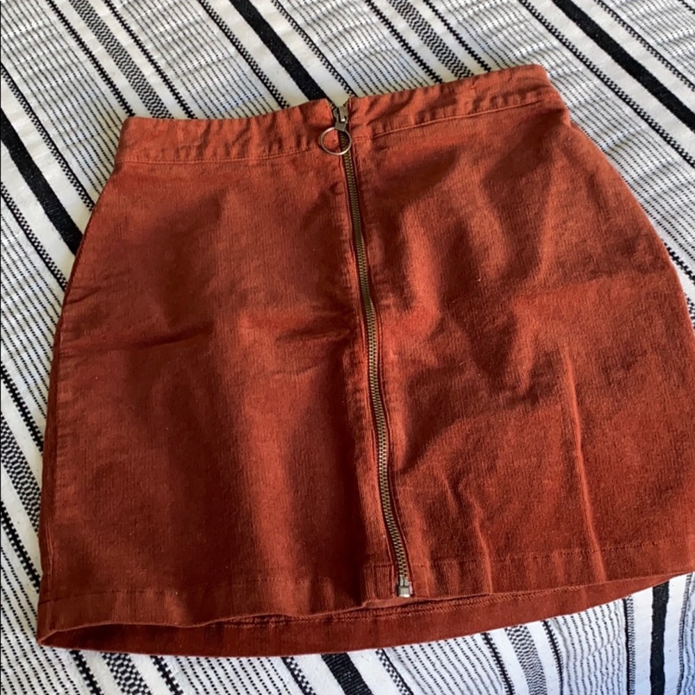 Deep orange corduroy zip front skirt